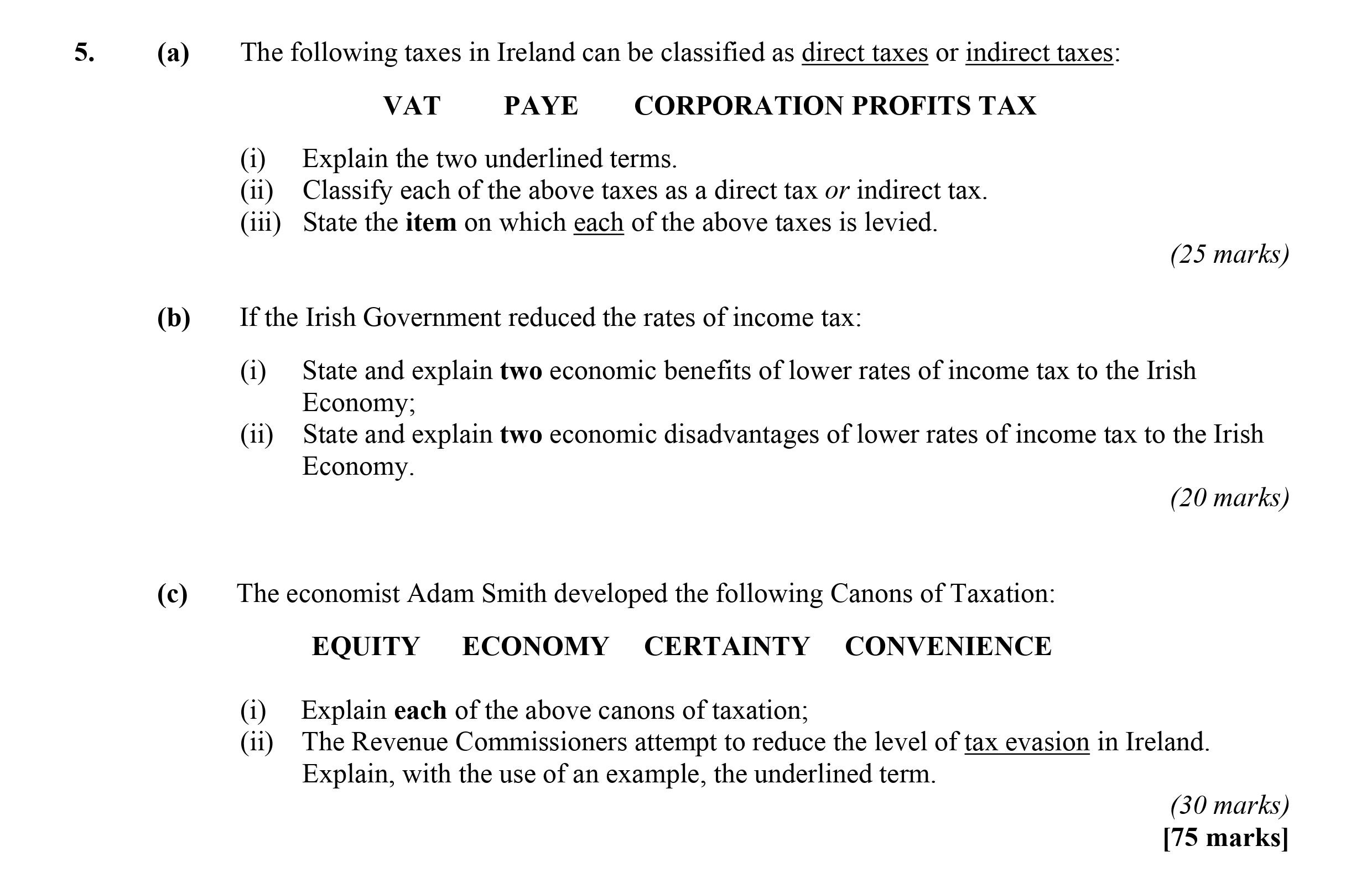 The-following-taxes-in-Ireland-can-be-classified-as-direct-taxes-or-indirect-taxes:--VAT--PAYE--CORPORATION-PROFITS-TAX--(i)-Explain-the-two-underlined-terms-Leaving Cert Economics-Question 5-2008.png