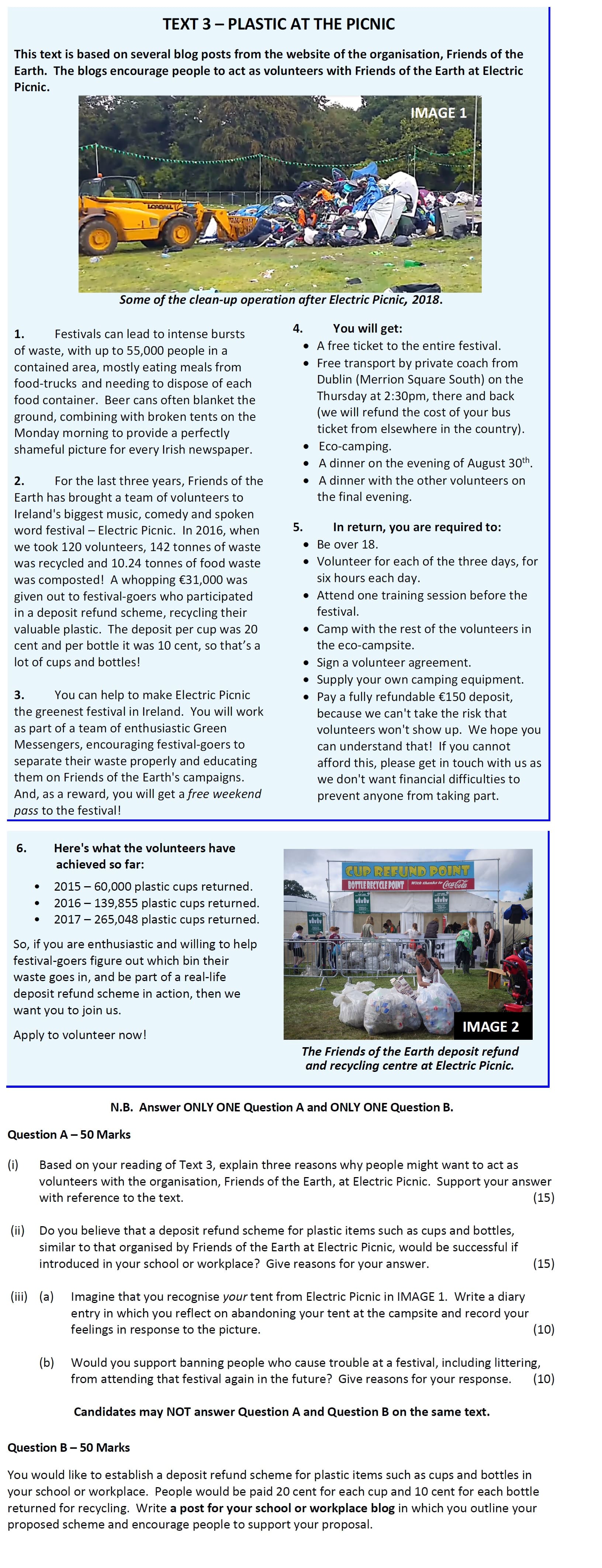Based-on-your-reading-of-Text-3,-explain-three-reasons-why-people-might-want-to-act-as-volunteers-with-the-organisation,-Friends-of-the-Earth,-at-Electric-Picnic-Leaving Cert English-Question Question A-2019.png