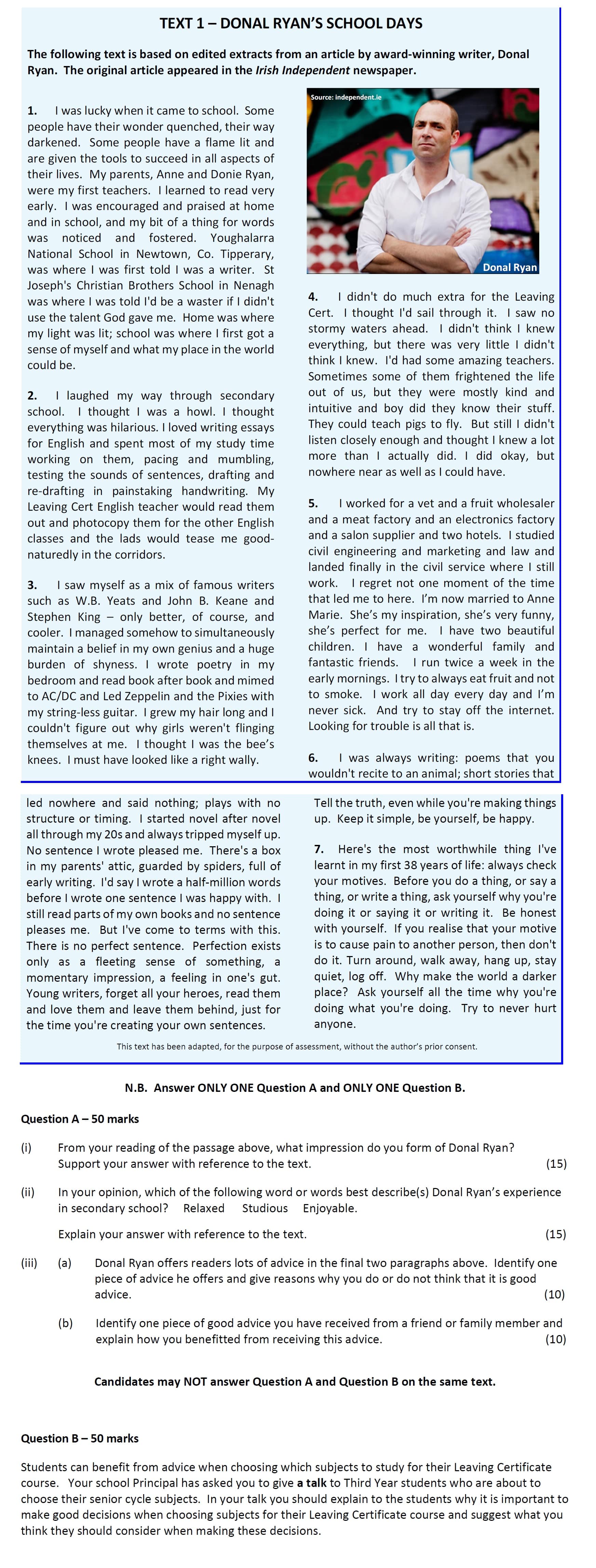 From-your-reading-of-the-passage-above,-what-impression-do-you-form-of-Donal-Ryan?-Support-your-answer-with-reference-to-the-text-Leaving Cert English-Question Question A-2017.png