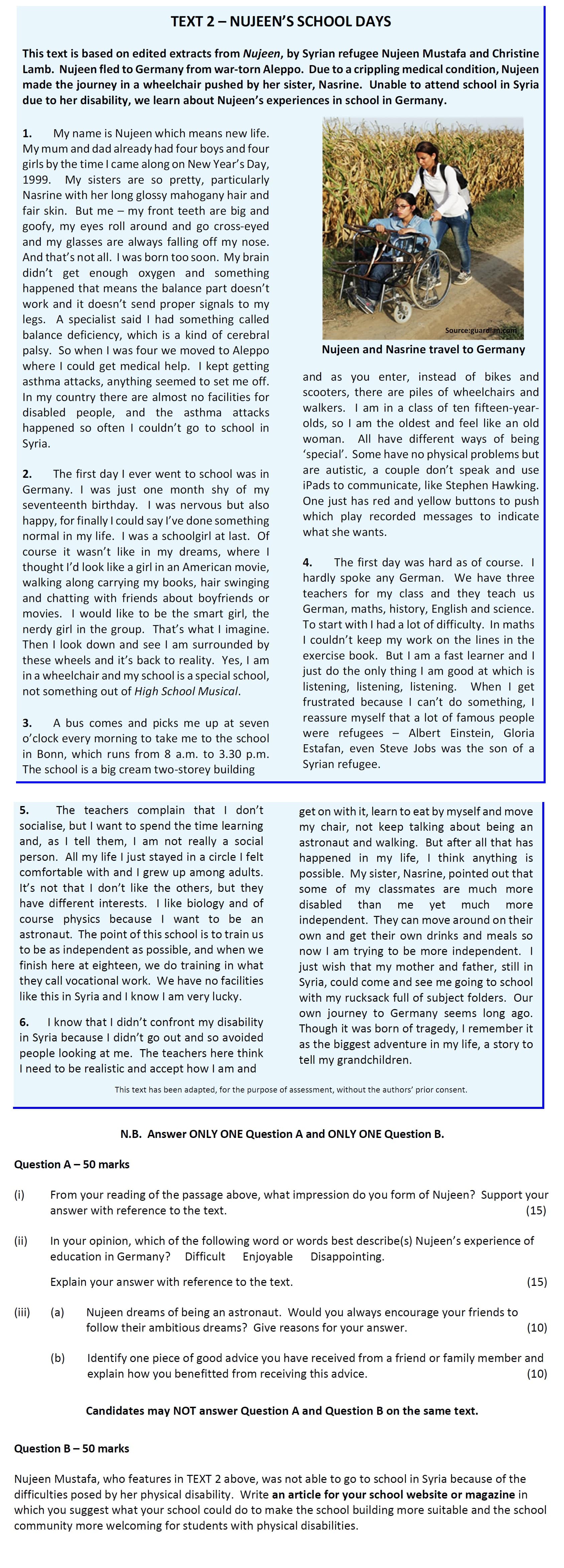 From-your-reading-of-the-passage-above,-what-impression-do-you-form-of-Nujeen?-Support-your-answer-with-reference-to-the-text-Leaving Cert English-Question Question A-2017.png