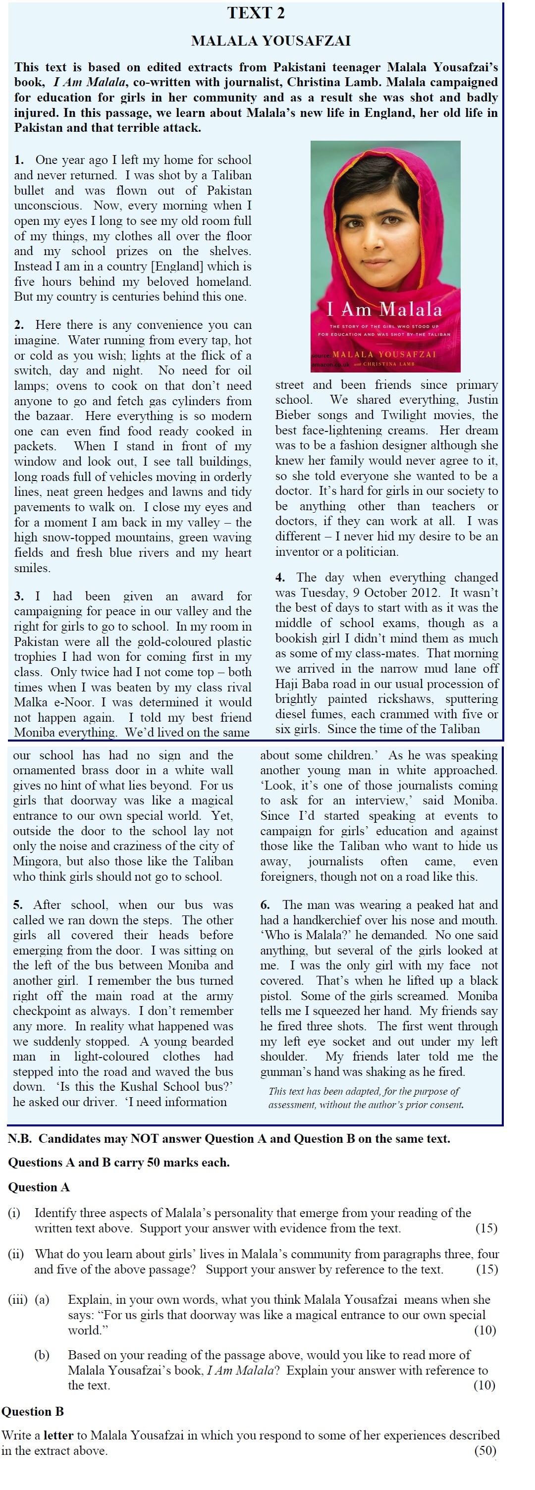 1.-Identify-three-aspects-of-Malala’s-personality-that-emerge-from-your-reading-of-the-written-text-above-Leaving Cert English-Question Question A-2014.png