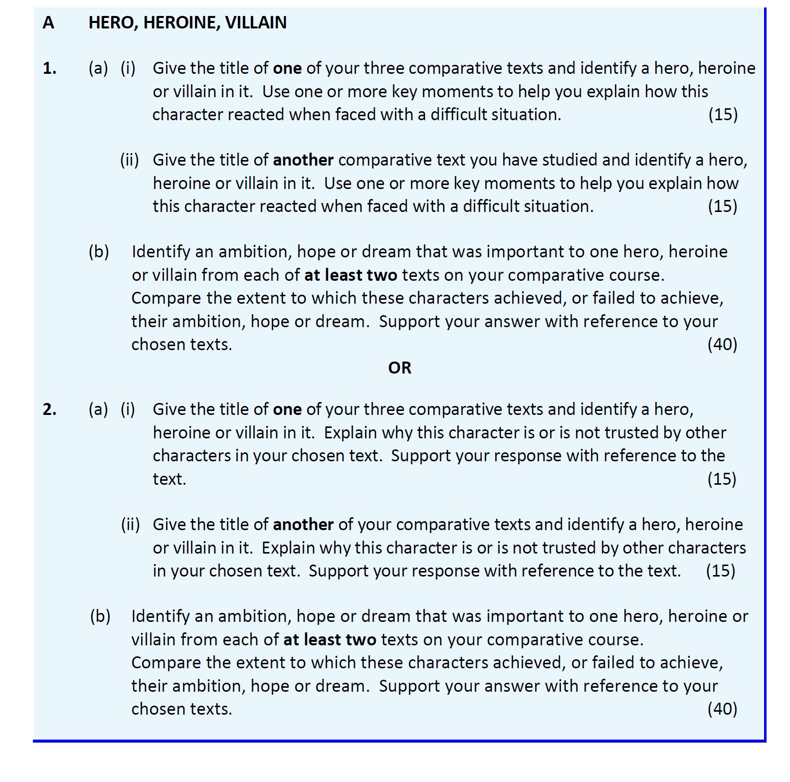 1.-(a)-(i)-Give-the-title-of-one-of-your-three-comparative-texts-and-identify-a-hero,-heroine-or-villain-in-it-Leaving Cert English-Question 1-2020.png