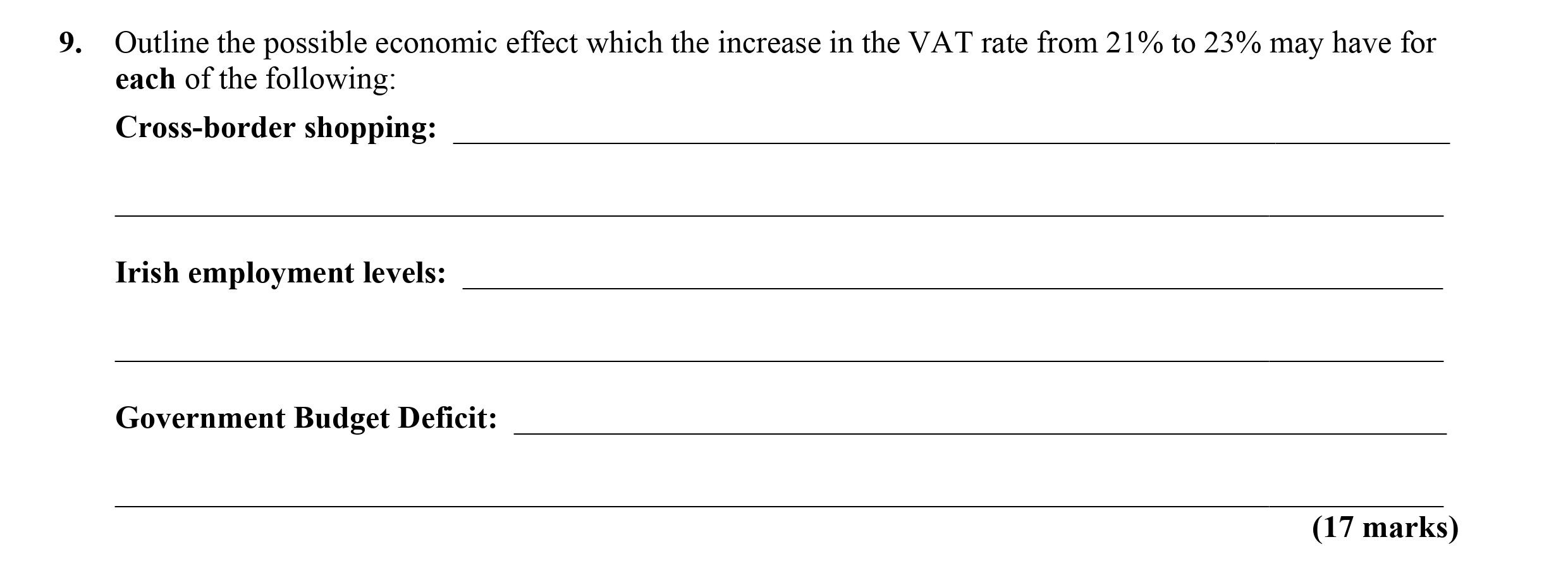Outline-the-possible-economic-effect-which-the-increase-in-the-VAT-rate-from-21%-to-23%-may-have-for-each-of-the-following:-Cross-border-shopping:-Irish-employment-levels:-Government-Budget-Deficit:-Leaving Cert Economics-Question 9-2012.png