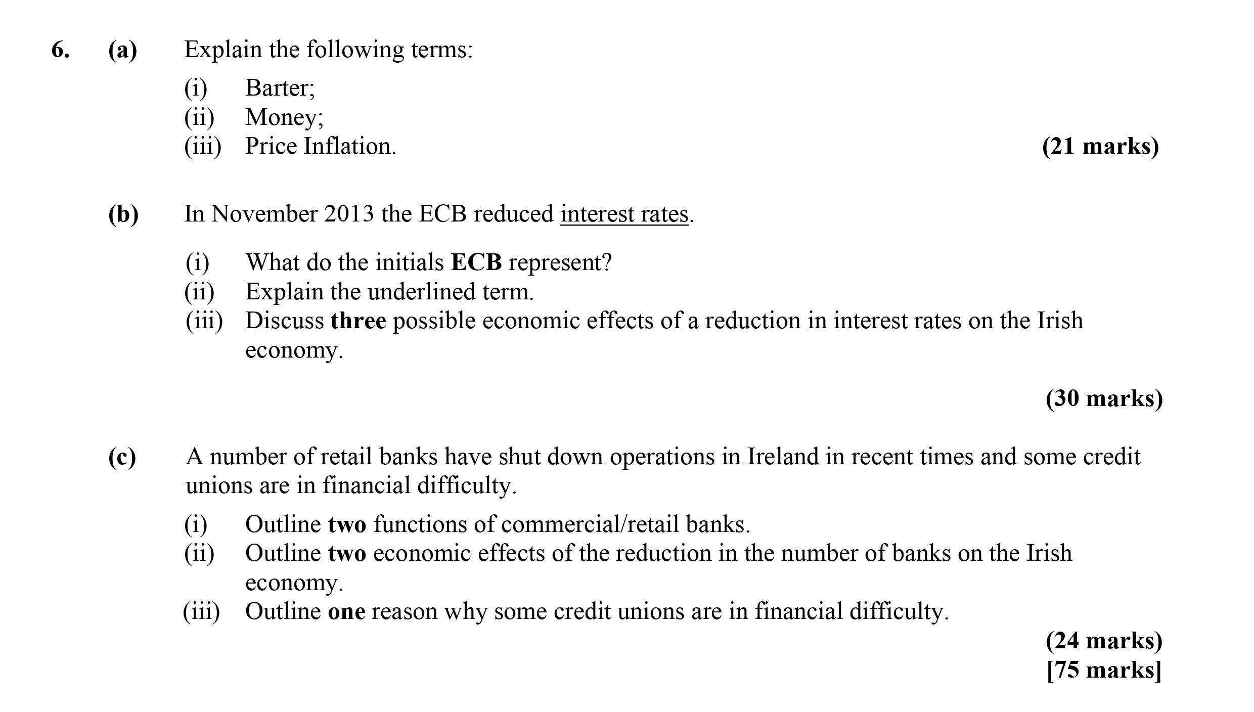 6.-Explain-the-following-terms:-(i)-Barter;-(ii)-Money;-(iii)-Price-Inflation-Leaving Cert Economics-Question 6-2014.png