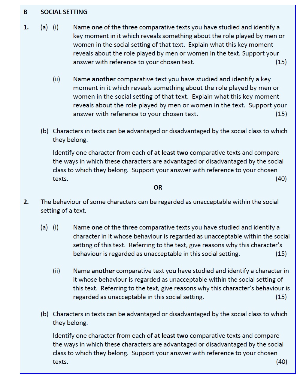 1.-(a)-(i)-Name-one-of-the-three-comparative-texts-you-have-studied-and-identify-a-key-moment-in-it-which-reveals-something-about-the-role-played-by-men-or-women-in-the-social-setting-of-that-text-Leaving Cert English-Question 1-2018.png
