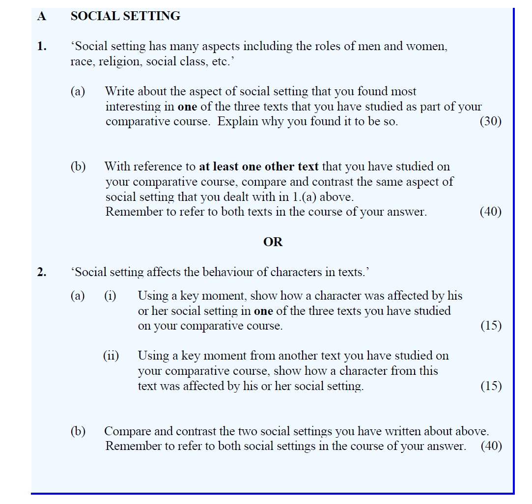 ‘Social-setting-has-many-aspects-including-the-roles-of-men-and-women,-race,-religion,-social-class,-etc.’--(a)-Write-about-the-aspect-of-social-setting-that-you-found-most-interesting-in-one-of-the-three-texts-that-you-have-studied-as-part-of-your-comparative-course-Leaving Cert English-Question 1-2011.png