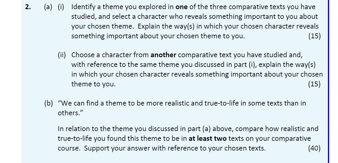 Identify-a-theme-you-explored-in-one-of-the-three-comparative-texts-you-have-studied,-and-select-a-character-who-reveals-something-important-to-you-about-your-chosen-theme-Leaving Cert English-Question 2-2019.png