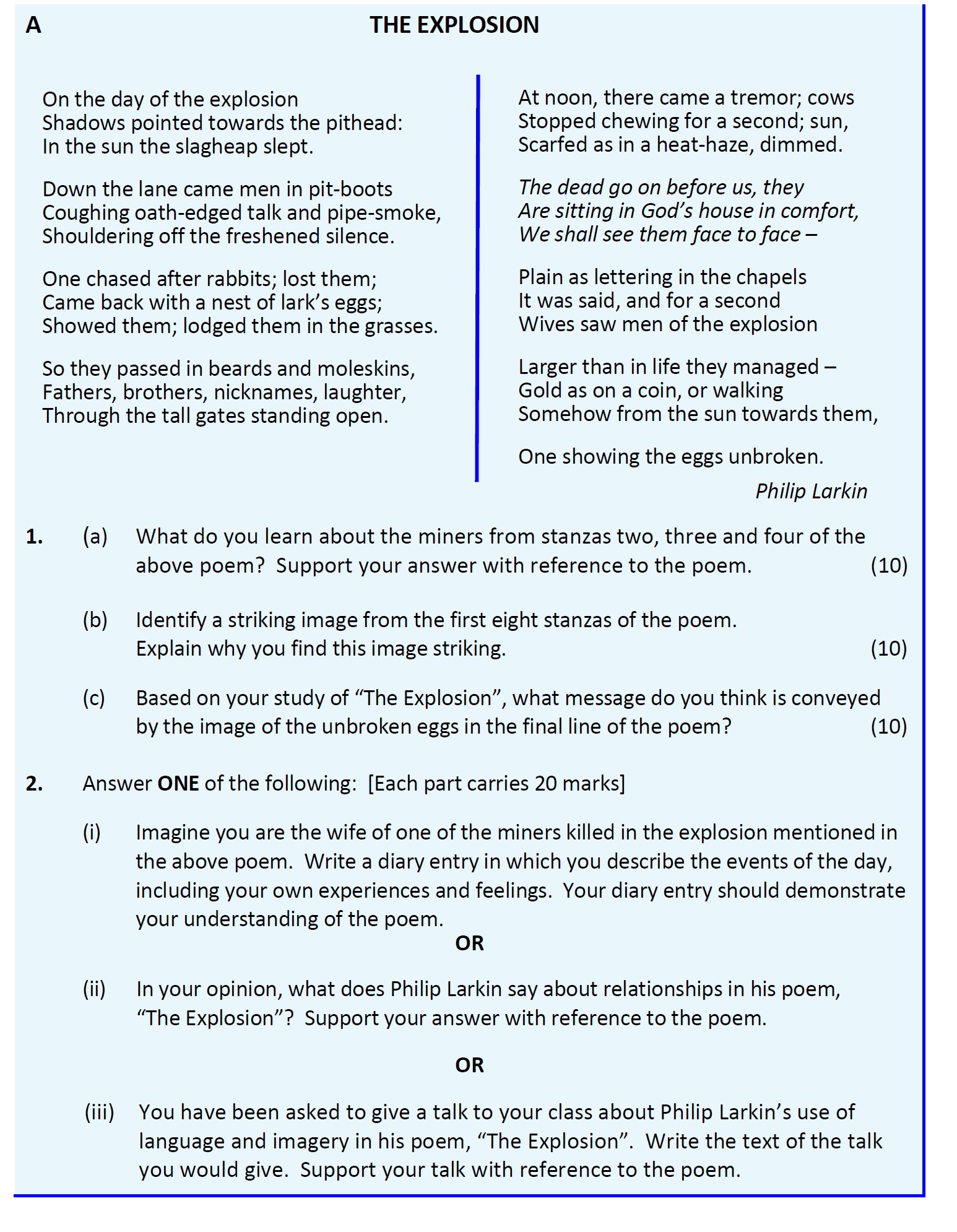 On-the-day-of-the-explosion-Shadows-pointed-towards-the-pithead:-In-the-sun-the-slagheap-slept-Leaving Cert English-Question 1-2018.png