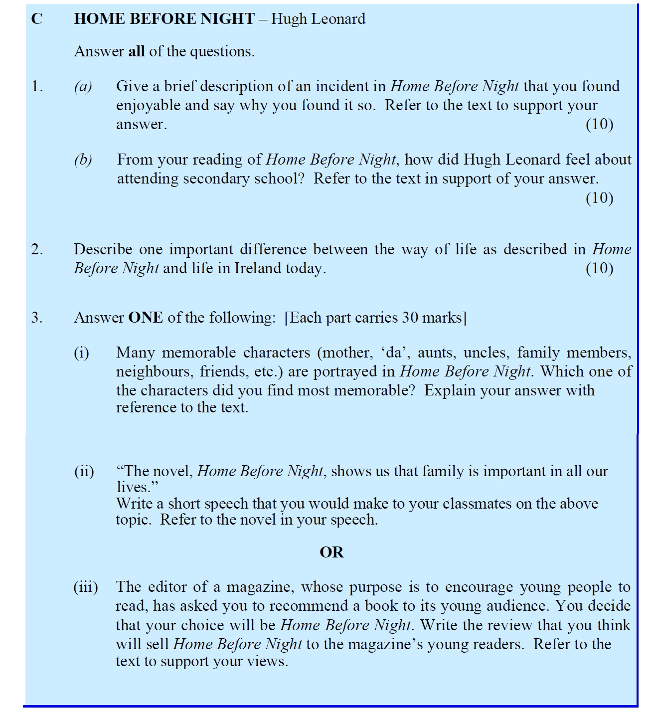 C-HOME-BEFORE-NIGHT-–-Hugh-Leonard--Answer-all-of-the-questions-Leaving Cert English-Question 1-2005.png