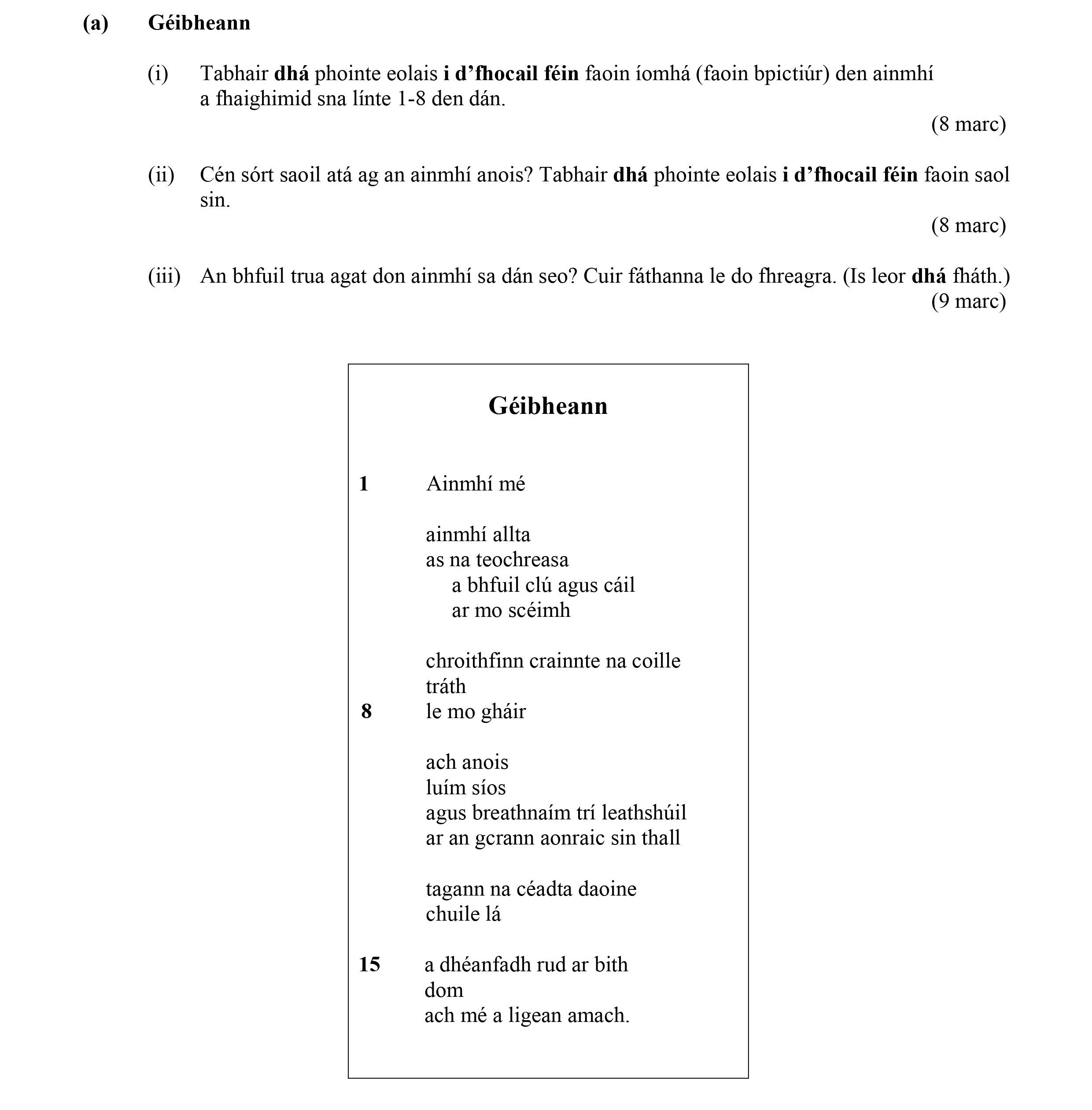 Géibheann--(i)-Tabhair-dhá-phointe-eolais-i-d'"thocail-féin"-faoin-iomha-(faoin-bpictúir)-den-ainmhá-a-thugaimid-sna-lini-1-8-den-dán-Leaving Cert Irish-Question (a)-2016.png