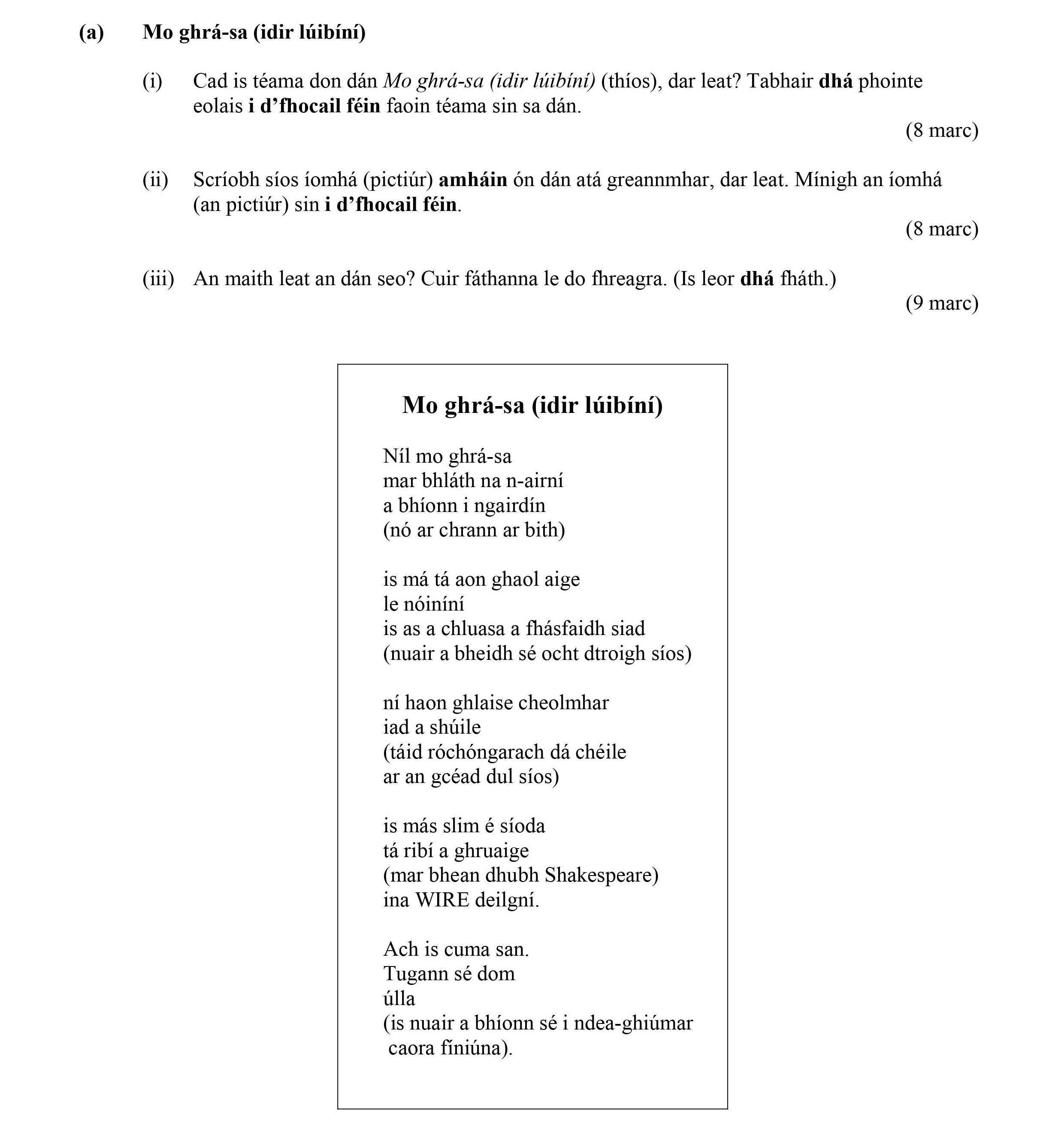 Mo-ghrá-sa-(idir-lúibíní)--(i)-Cad-is-téama-don-dán-Mo-ghrá-sa-(idir-lúibíní)-(thios),-dar-leat?-Tabhair-dhá-phointe-eolais-i-d'fhocail-féin-faoi-téama-sin-sa-dán-Leaving Cert Irish-Question (a)-2015.png