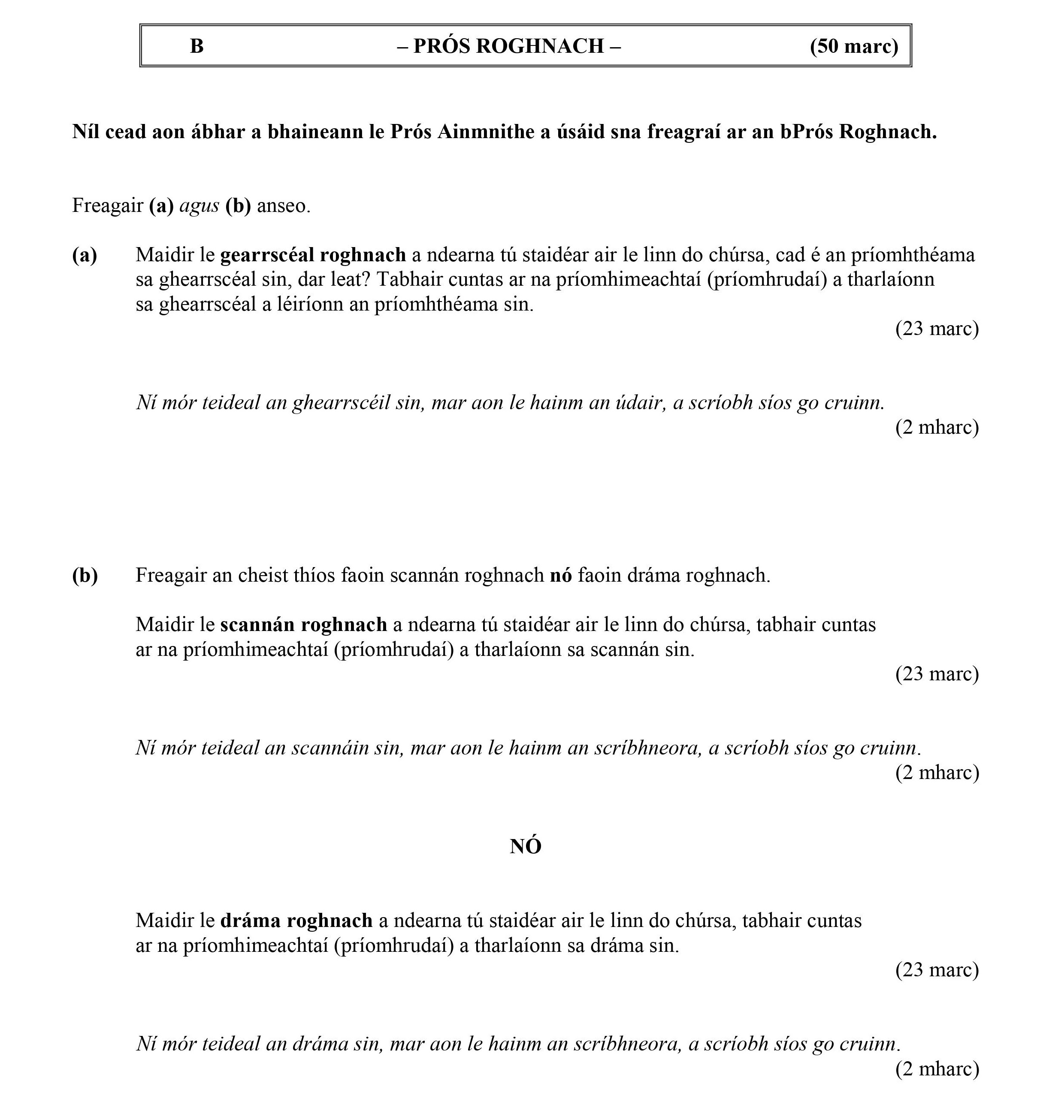 Níl-cead-aon-ábhar-a-bhain-le-Prós-Áimnithe-a-úsáid-sna-freagraí-ar-an-bPrós-Roghnach-Leaving Cert Irish-Question B-2023.png