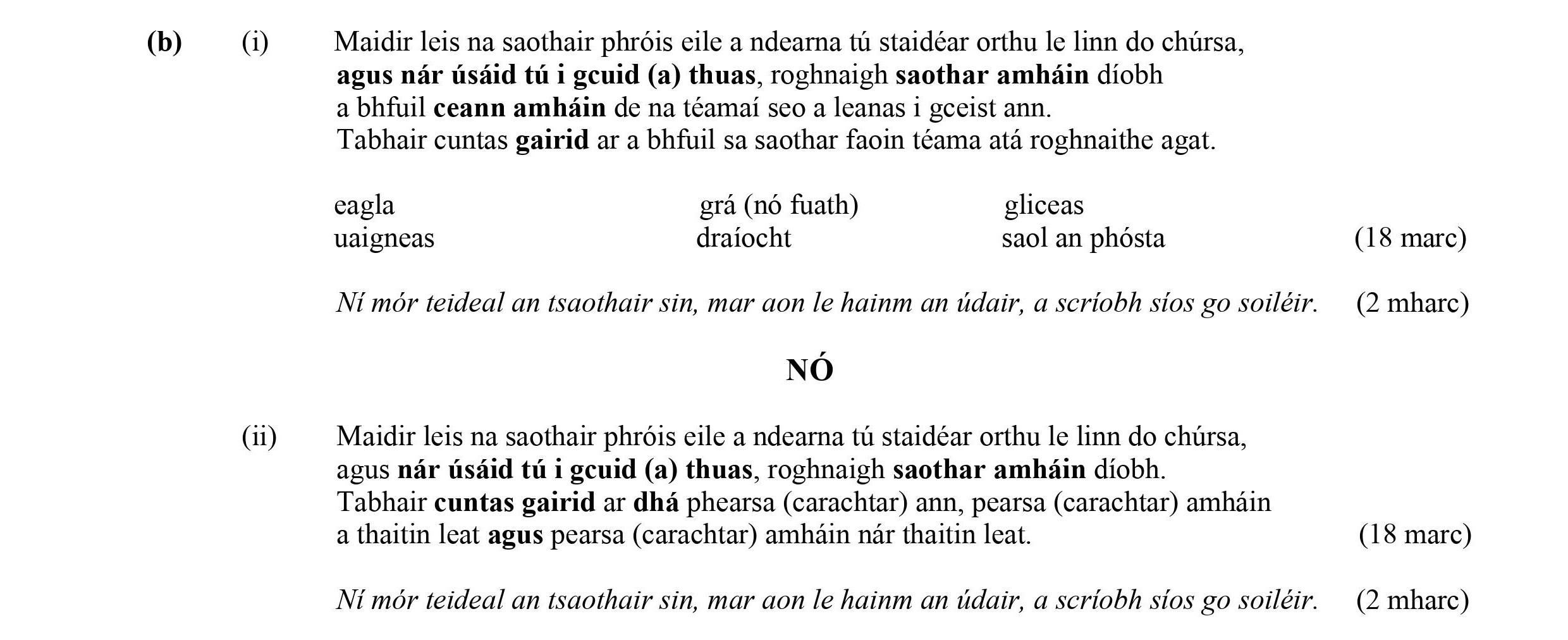 Maidir-leis-na-saothair-phíros-eile-a-ndéarna-tú-staidéar-ortho-le-líne-do-chúrsa,-agus-nár-úsáide-tú-i-gceist-(a)-thuas,-roghnaigh-saothar-amháin-diobh-á-bheadh-ceanamh-amháín-de-na-foirmeacha-seo-a-leanas-i-gcéist-agat-Leaving Cert Irish-Question (b)-2011.png