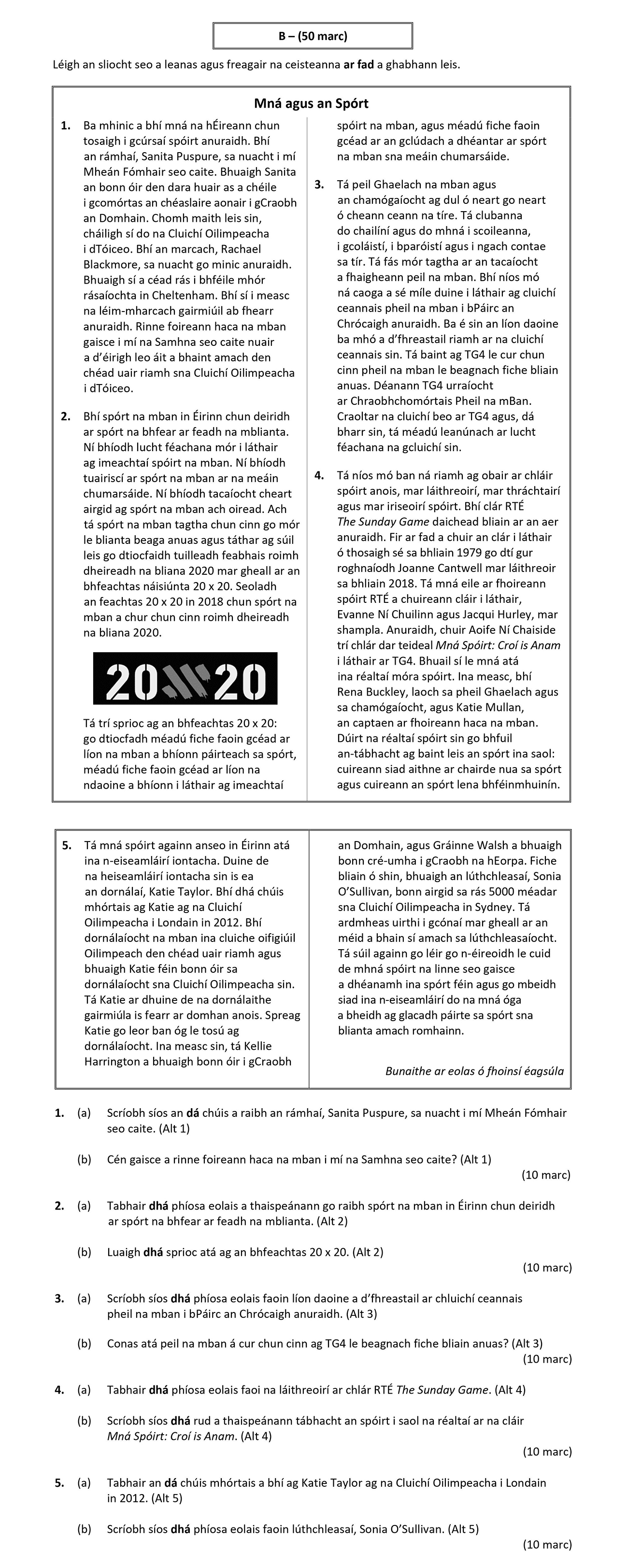 1.-Ba-mhince-a-bhí-mná-na-hÉireann-chun-tosú-ag-gcurais-spórt-arna-n-uairt-Leaving Cert Irish-Question 1-2020.png