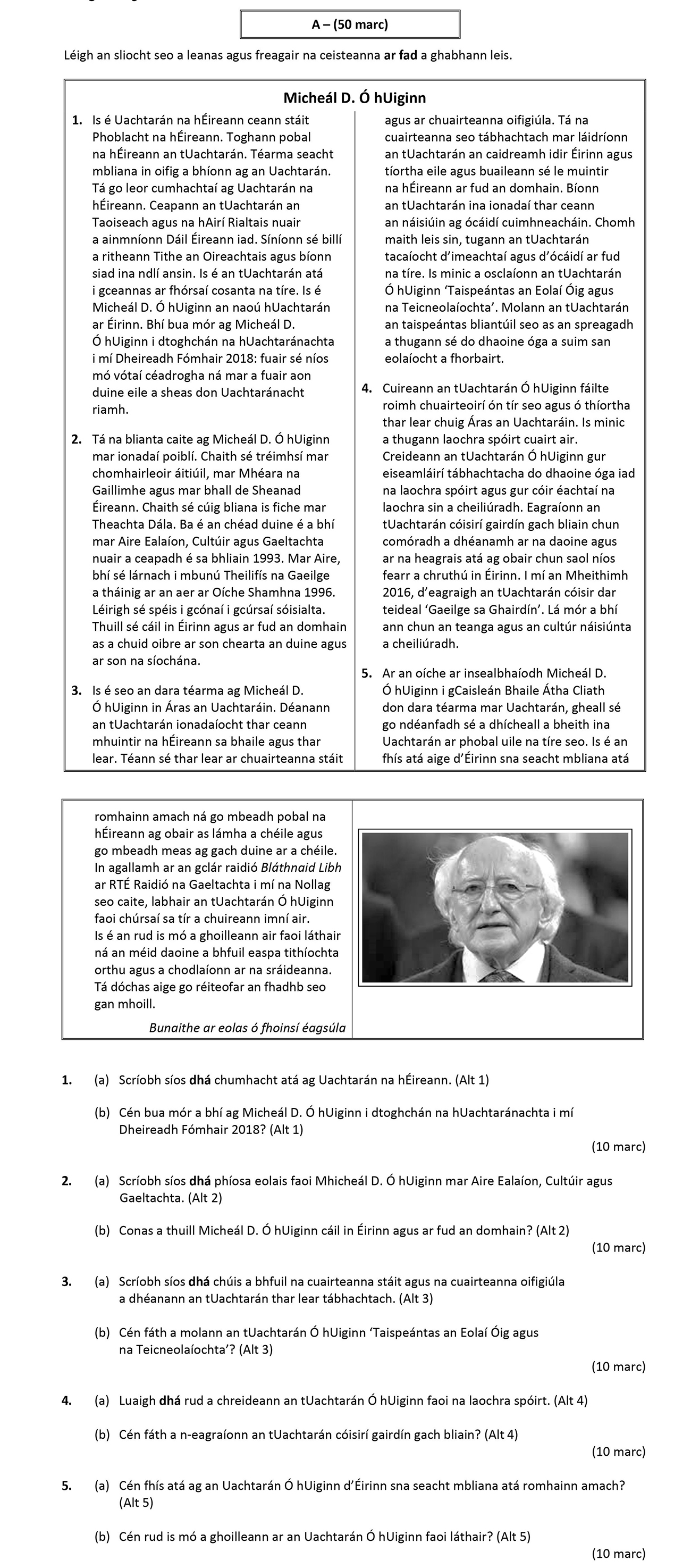 1.-Is-é-Uachtarán-na-hÉireann-cean-stát-Phoblacht-na-hÉireann-Leaving Cert Irish-Question 1-2019.png