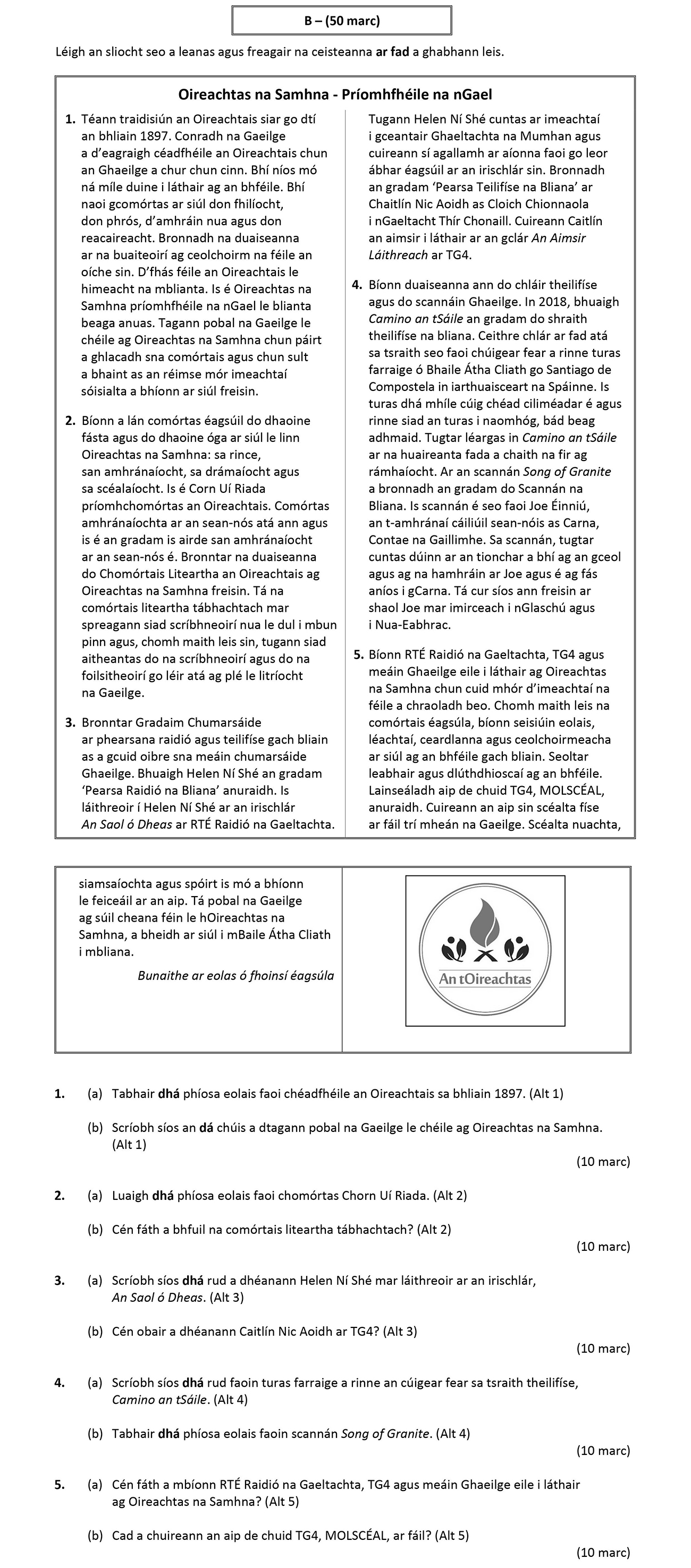 1.-(a)-Tabhair-dhá-phiosa-eolais-faoi-chéadchéimeile-an-Oireachtas-sa-bhliain-1897-Leaving Cert Irish-Question 1-2019.png
