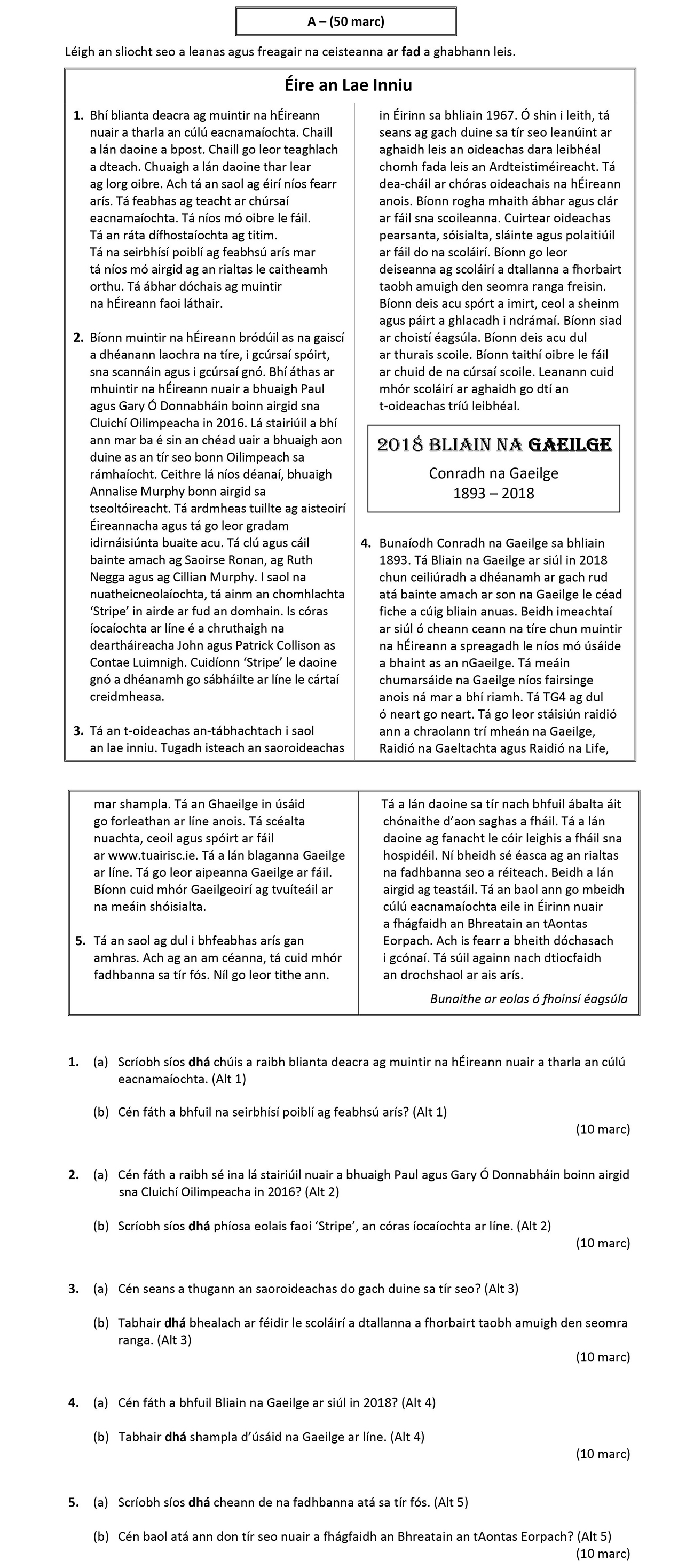 Scríobh-sios-dhá-chúis-a-raibhl-blanta-deacra-ag-muintir-na-hÉireann-nuar-a-tharla-an-cúl-eacnamaíochta-Leaving Cert Irish-Question 1-2018.png