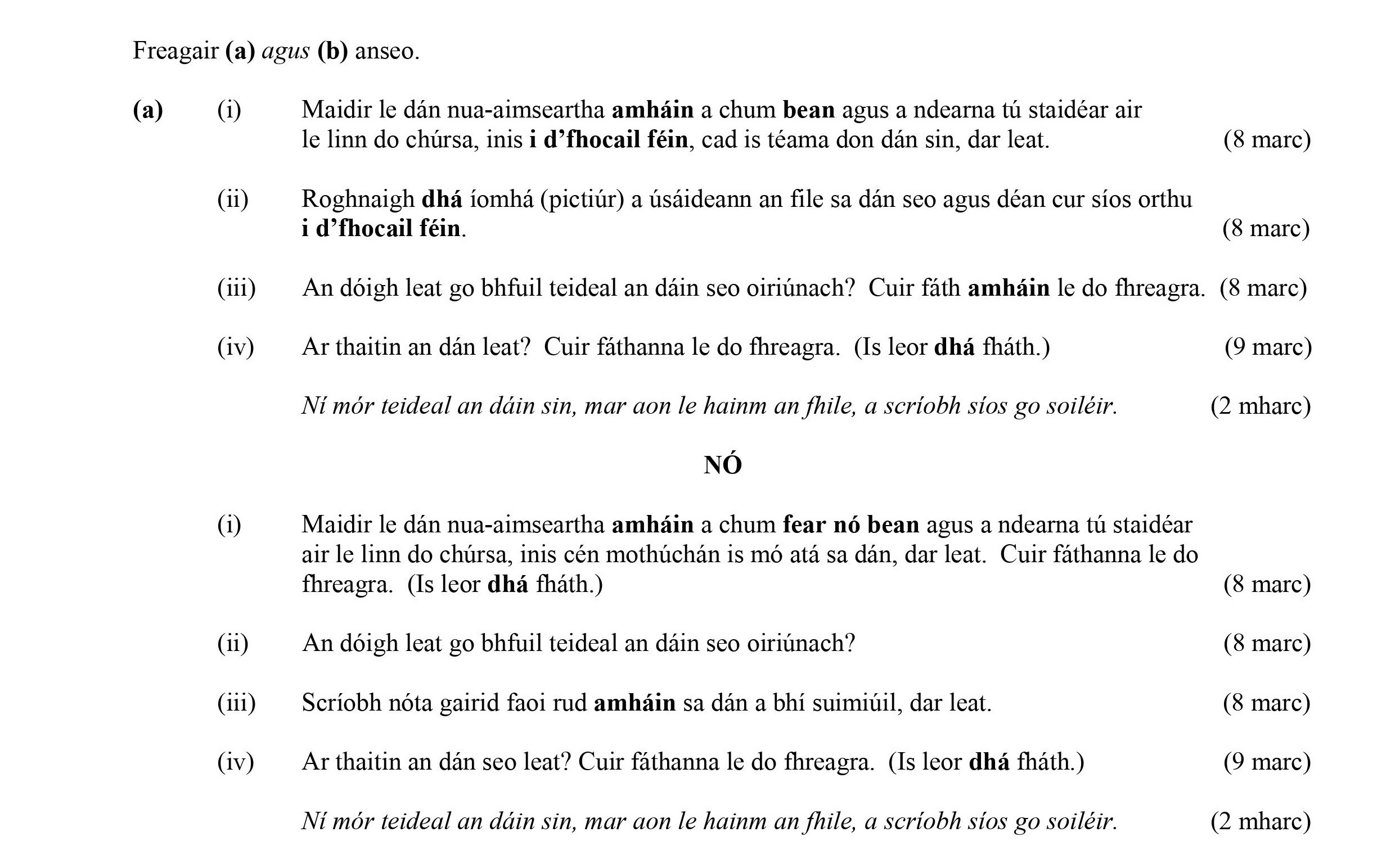 Freagair-(a)-agus-(b)-anseo-Leaving Cert Irish-Question Question 1-2011.png