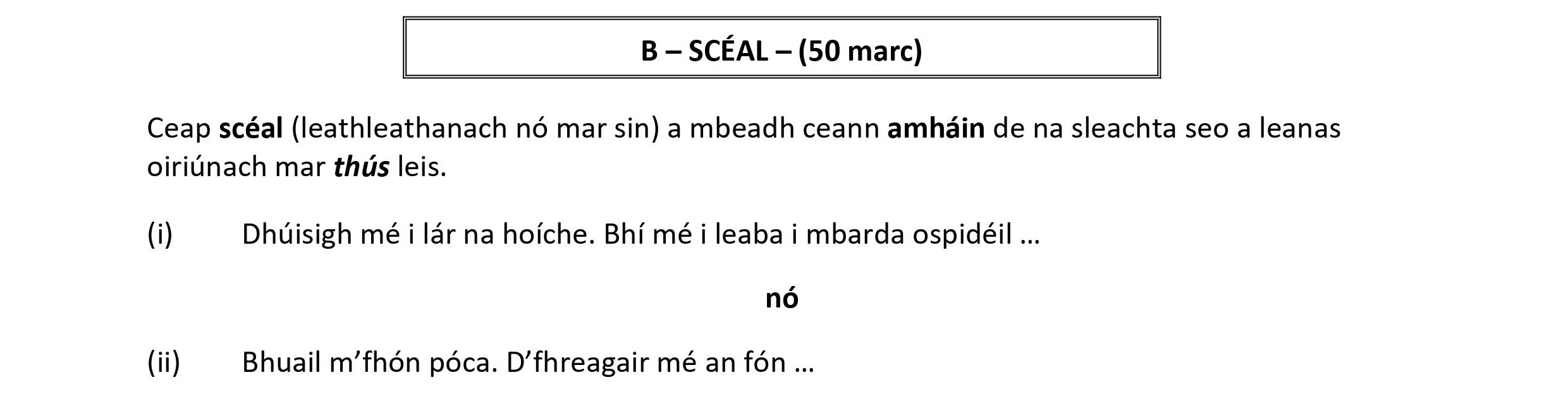 Ceap-scéal-(leathlathanach-nó-mar-sin)-a-mbeadh-ceann-amhain-de-na-sleachta-seo-a-leanas-oiriúnach-mar-thús-leis-Leaving Cert Irish-Question B-2020.png