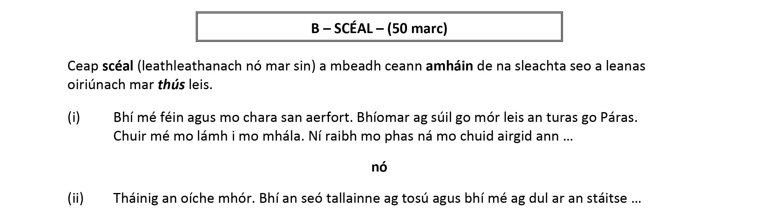 Ceap-scéal-(leathleathanach-nó-mar-sin)-a-mbeidh-ceann-amháin-de-na-sleachta-seo-a-léanas-oiriúnach-mar-thús-leis-Leaving Cert Irish-Question B (i)-2019.png
