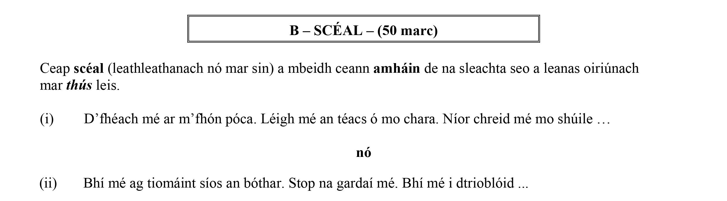 Ceap-sceál-(leatleathanach-nó-mar-sin)-a-mbeadh-ceann-amhain-de-na-sleachta-seo-a-leanas-oiriúnach-mar-thús-leis-Leaving Cert Irish-Question B-2015.png