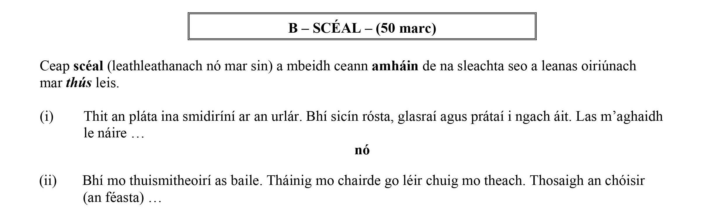Ceap-scéal-(leathleathanach-nó-mar-shampla)-a-mbeidh-ceann-amhain-de-na-sleachta-seo-a-leanas-oirúnach-mar-thús-leis-Leaving Cert Irish-Question B-2013.png