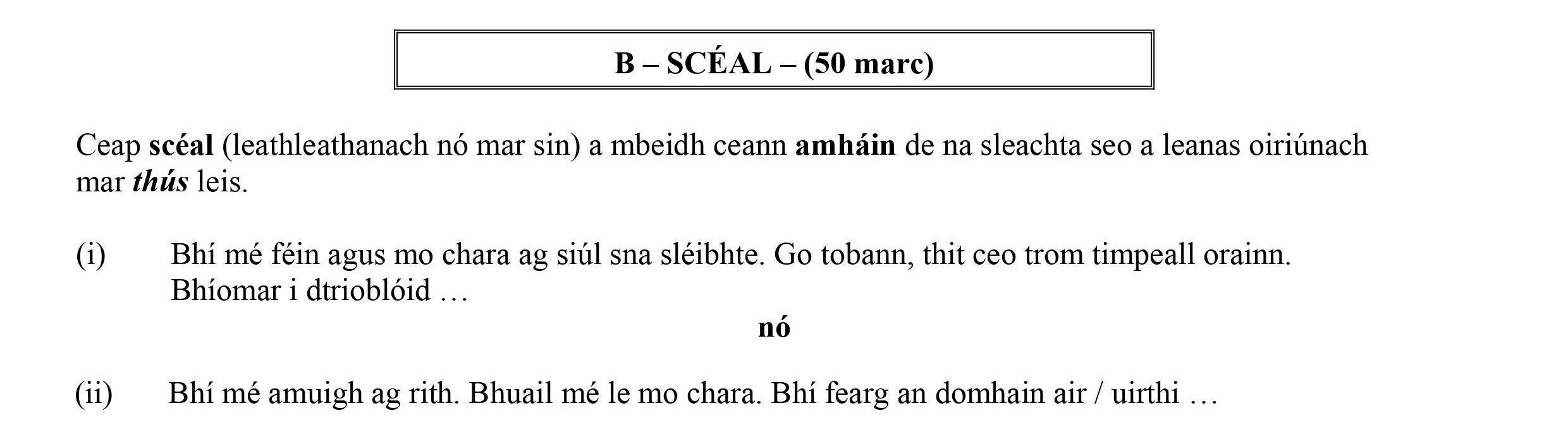 Ceap-scéal-(leatleathnach-nó-mar-sin)-a-mbeadh-cean-amháin-de-na-sleachta-seo-a-leanas-orítúnach-mar-thús-leis-Leaving Cert Irish-Question B-2012.png