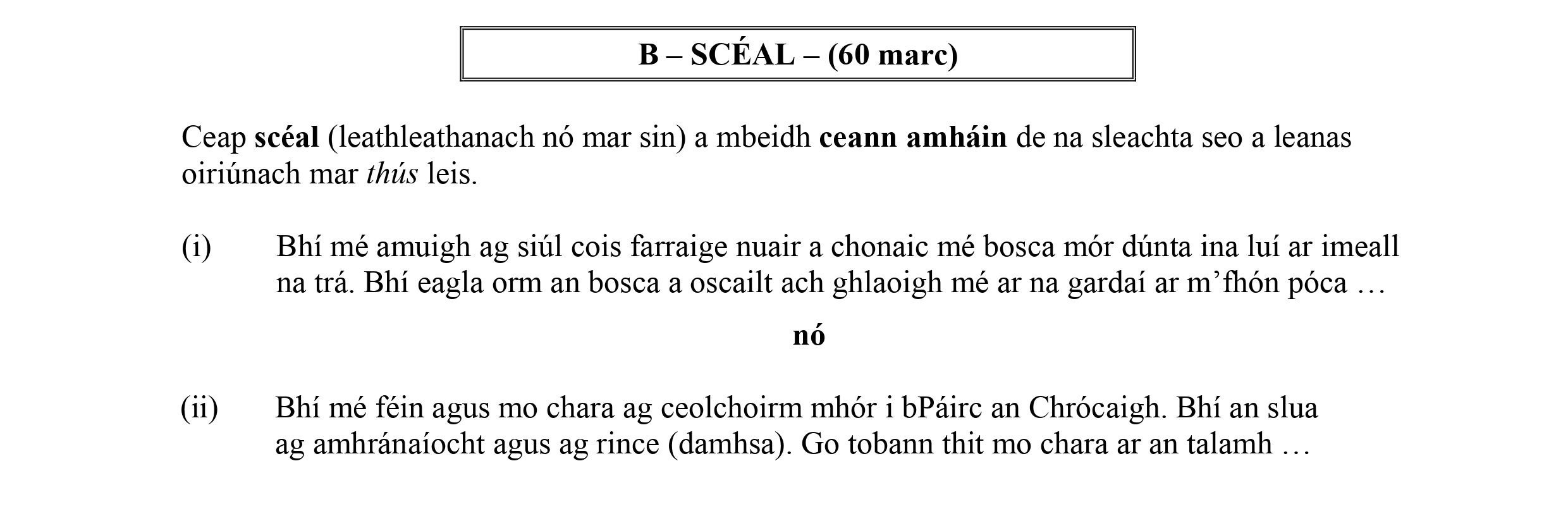 Ceap-scéal-(leathleathanach-nó-mar-sin)-a-mbeidh-ceann-amhain-de-na-sleachta-seo-a-leanas-oiriúnach-mar-thís-leis-Leaving Cert Irish-Question B - SCÉAL-2009.png