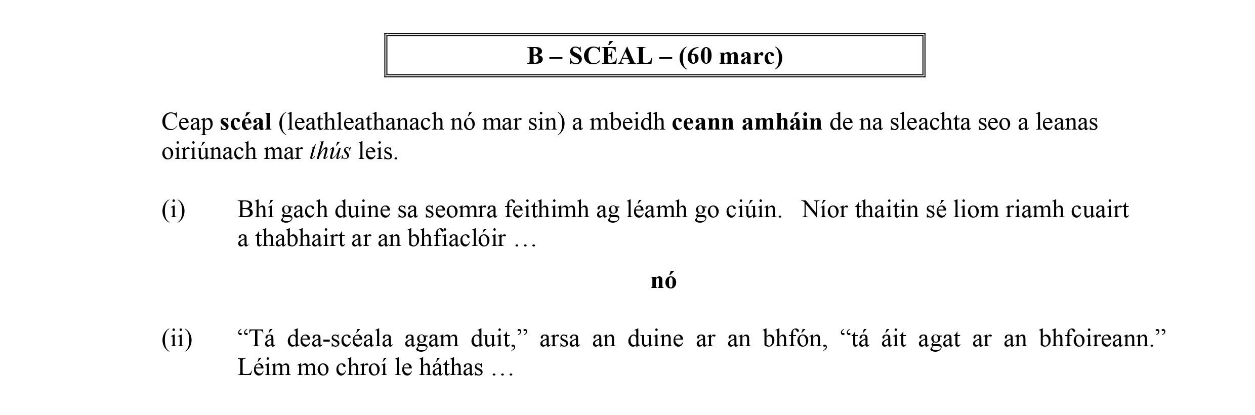 Ceap-scéal-(leathetlíonnach-nó-mar-sin)-a-mheastar-ceann-amháin-de-na-sleachta-seo-a-leanas-oiriúnach-mar-thíos-leis-Leaving Cert Irish-Question B-2008.png