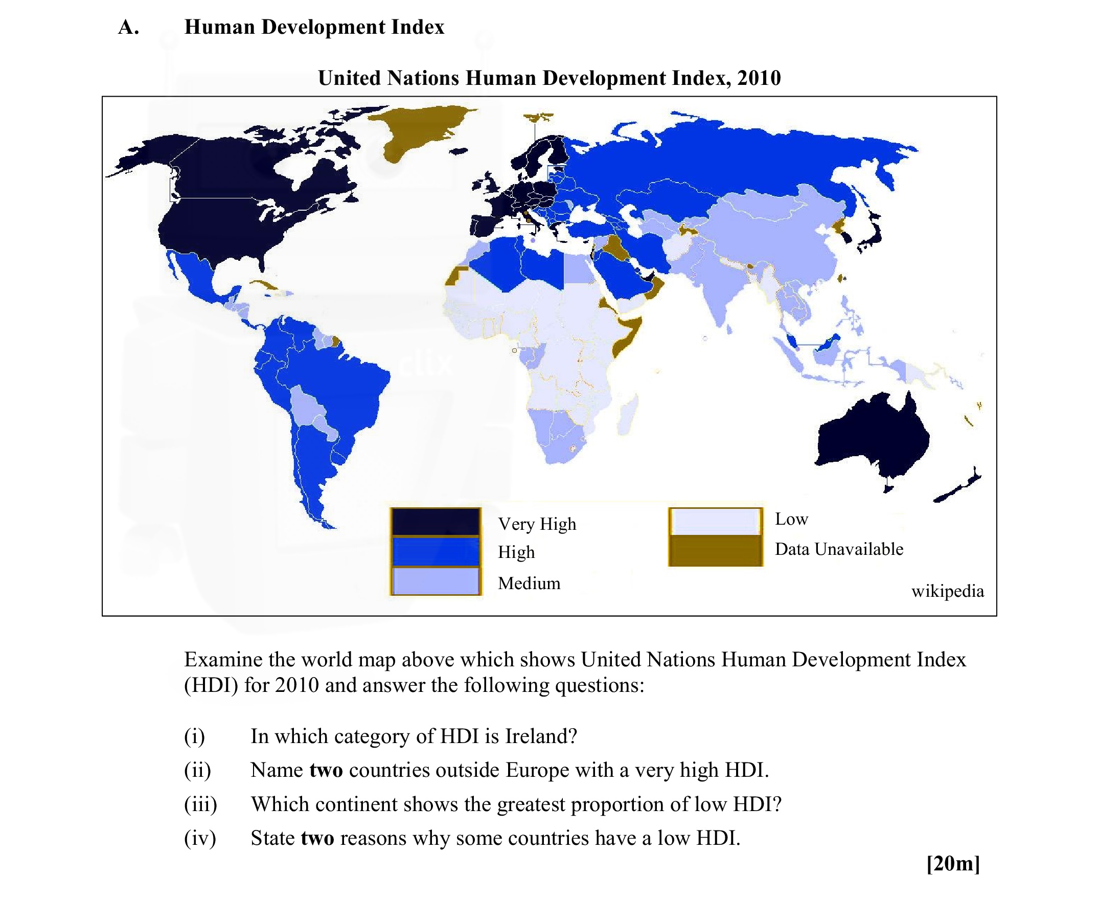 Examine-the-world-map-above-which-shows-United-Nations-Human-Development-Index-(HDI)-for-2010-and-answer-the-following-questions:--(i)-In-which-category-of-HDI-is-featured?-(ii)-Name-two-countries-outside-Europe-with-a-very-high-HDI-Leaving Cert Geography-Question A-2011.png