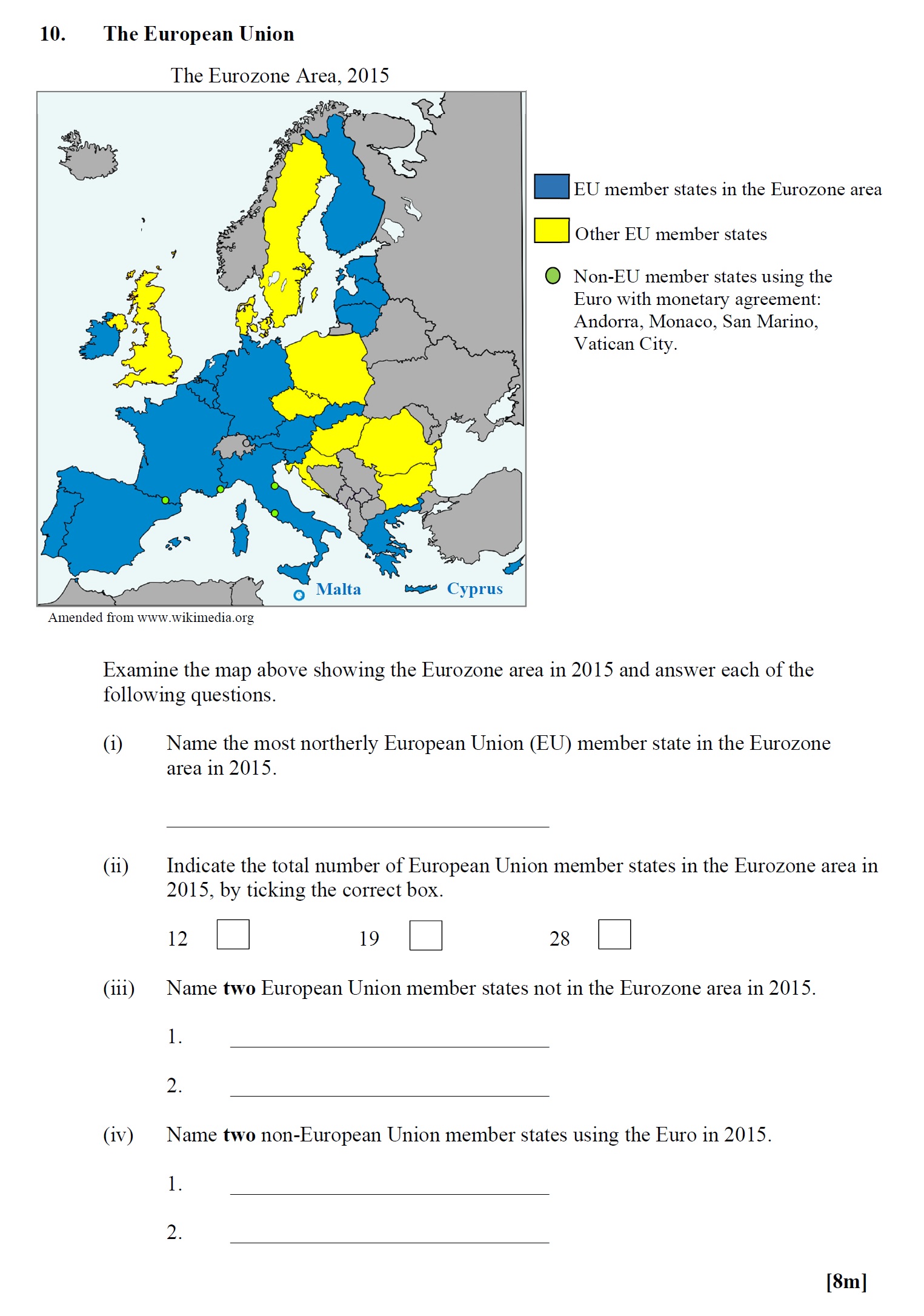 Examine-the-map-above-showing-the-Eurozone-area-in-2015-and-answer-each-of-the-following-questions-Leaving Cert Geography-Question 10-2016.png