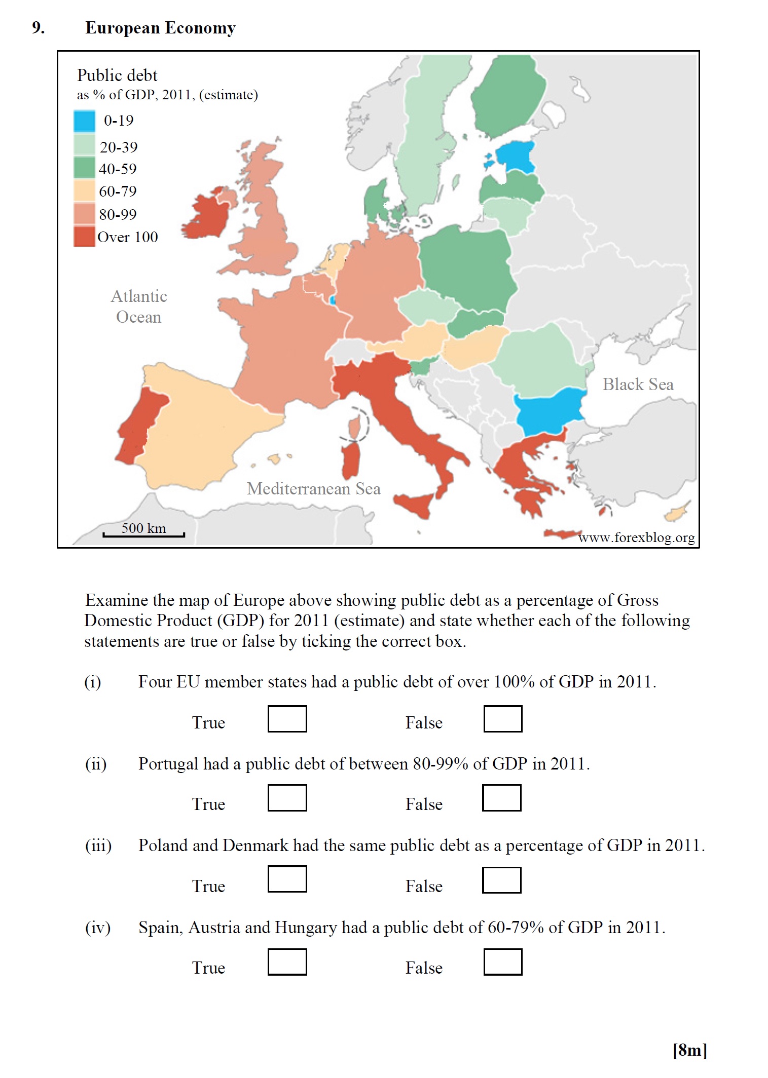 Examine-the-map-of-Europe-above-showing-public-debt-as-a-percentage-of-Gross-Domestic-Product-(GDP)-for-2011-(estimate)-and-state-whether-each-of-the-following-statements-are-true-or-false-by-ticking-the-correct-box-Leaving Cert Geography-Question 9-2013.png