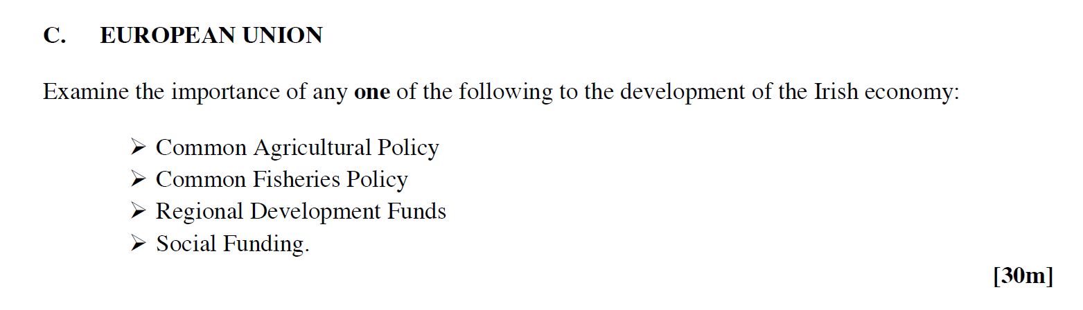 Examine-the-importance-of-any-one-of-the-following-to-the-development-of-the-Irish-economy:--➢-Common-Agricultural-Policy-➢-Common-Fisheries-Policy-➢-Regional-Development-Funds-➢-Social-Funding.-Leaving Cert Geography-Question C-2009.png