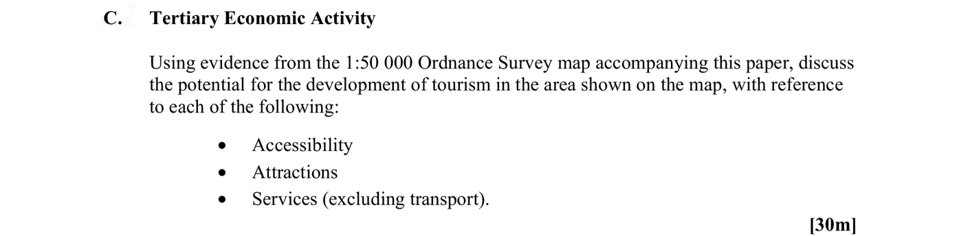Using-evidence-from-the-1:50-000-Ordnance-Survey-map-accompanying-this-paper,-discuss-the-potential-for-the-development-of-tourism-in-the-area-shown-on-the-map,-with-reference-to-each-of-the-following:----Accessibility---Attractions---Services-(excluding-transport).-Leaving Cert Geography-Question C-2016.png