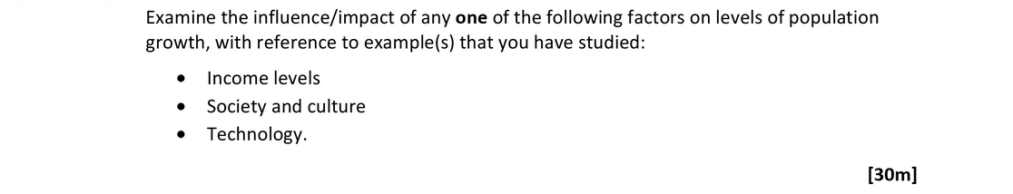 Examine-the-influence/impact-of-any-one-of-the-following-factors-on-levels-of-population-growth,-with-reference-to-example(s)-that-you-have-studied:--•-Income-levels-•-Society-and-culture-•-Technology.-Leaving Cert Geography-Question 12C-2020.png