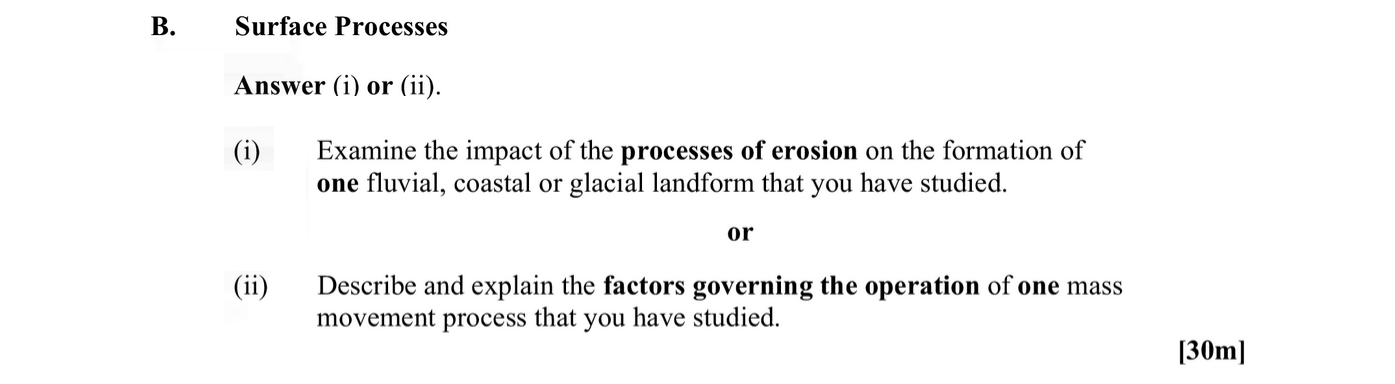 Examine-the-impact-of-the-processes-of-erosion-on-the-formation-of-one-fluvial,-coastal-or-glacial-landform-that-you-have-studied.-Leaving Cert Geography-Question B-2015.png