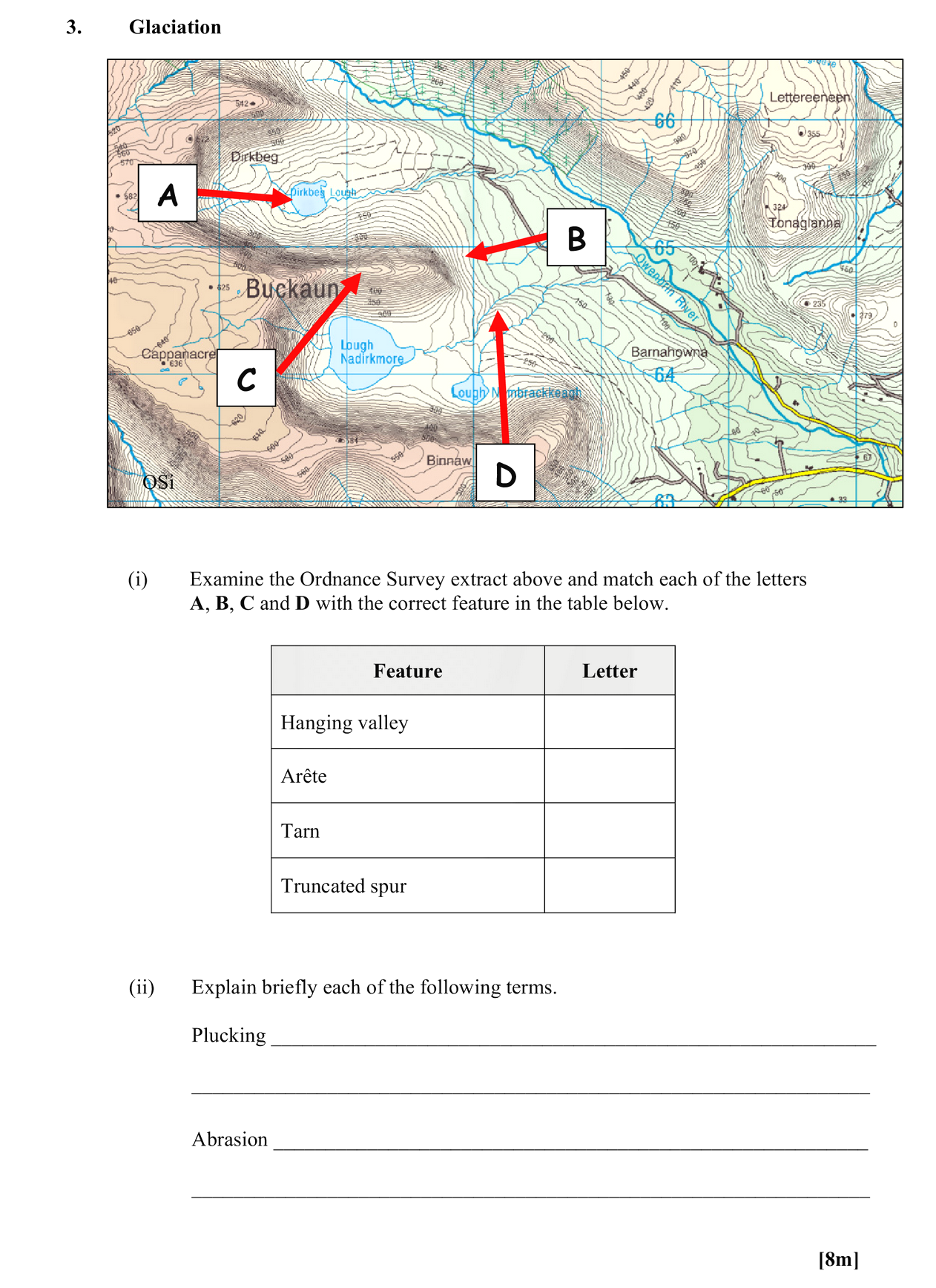 Examine-the-Ordnance-Survey-extract-above-and-match-each-of-the-letters-A,-B,-C-and-D-with-the-correct-feature-in-the-table-below-Leaving Cert Geography-Question 3-2013.png