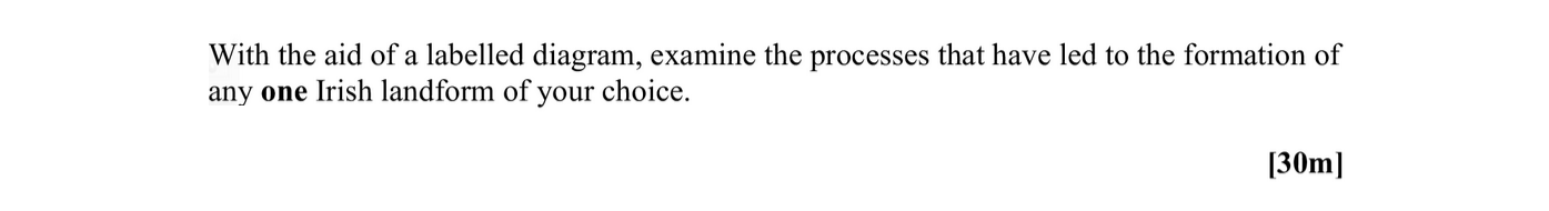 With-the-aid-of-a-labelled-diagram,-examine-the-processes-that-have-led-to-the-formation-of-any-one-Irish-landform-of-your-choice.-Leaving Cert Geography-Question 1-2007.png