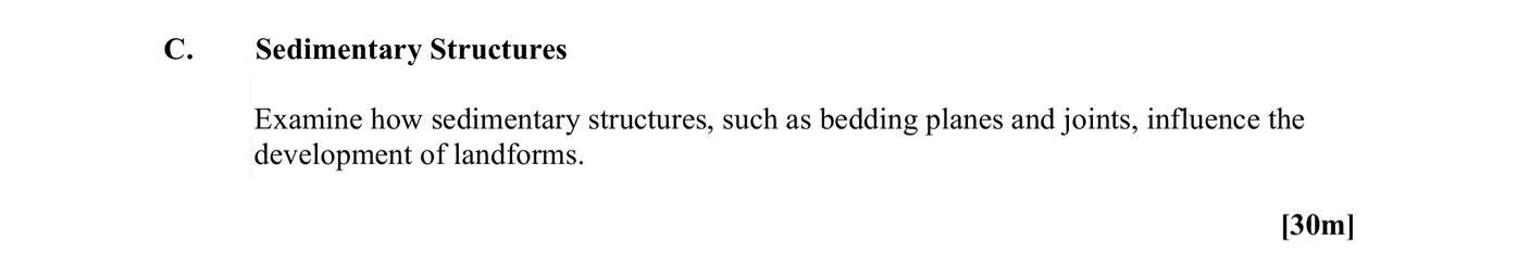 Examine-how-sedimentary-structures,-such-as-bedding-planes-and-joints,-influence-the-development-of-landforms.--Leaving Cert Geography-Question C-2014.png