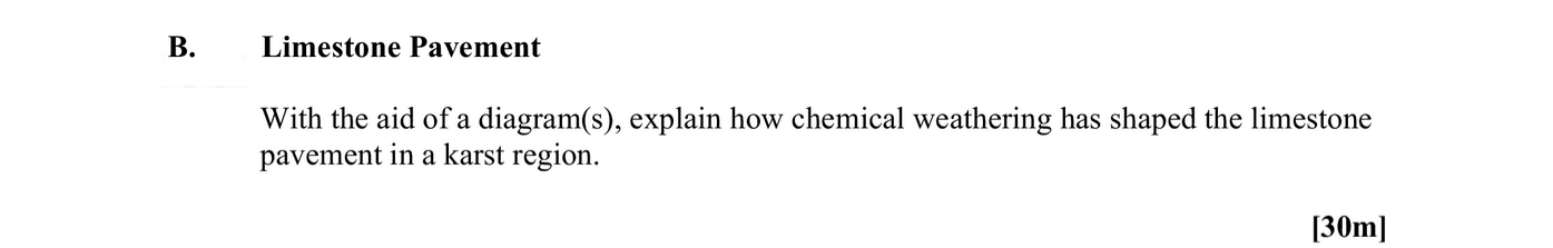 Limestone-Pavement--With-the-aid-of-a-diagram(s),-explain-how-chemical-weathering-has-shaped-the-limestone-pavement-in-a-karst-region.-Leaving Cert Geography-Question B-2012.png
