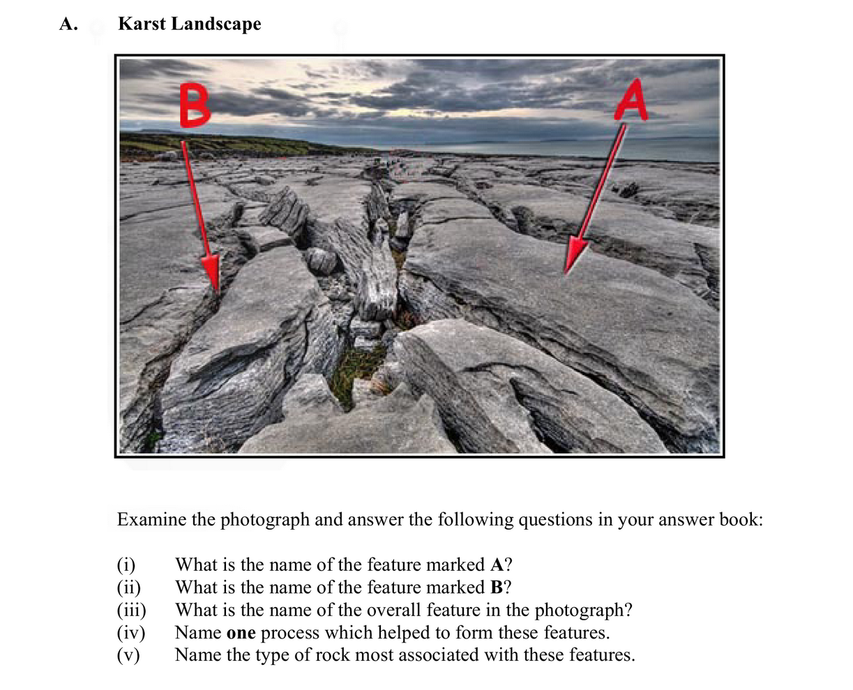 Examine-the-photograph-and-answer-the-following-questions-in-your-answer-book:--(i)-What-is-the-name-of-the-feature-marked-A?--(ii)-What-is-the-name-of-the-feature-marked-B?--(iii)-What-is-the-name-of-the-overall-feature-in-the-photograph?--(iv)-Name-one-process-which-helped-to-form-these-features-Leaving Cert Geography-Question A-2011.png
