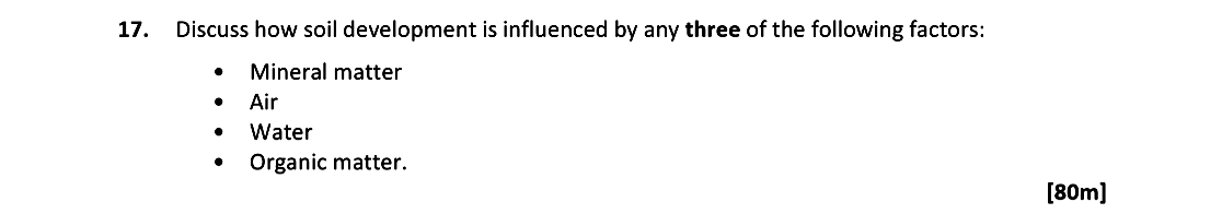 Discuss-how-soil-development-is-influenced-by-any-three-of-the-following-factors:---Mineral-matter---Air---Water---Organic-matter.-Leaving Cert Geography-Question 17-2021.png