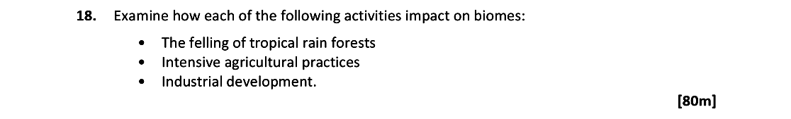 Examine-how-each-of-the-following-activities-impact-biomes:----The-felling-of-tropical-rain-forests---Intensive-agricultural-practices---Industrial-development.-Leaving Cert Geography-Question 18-2021.png