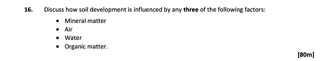 Discuss-how-soil-development-is-influenced-by-any-three-of-the-following:----Mineral-matter---Air---Water---Organic-matter.-Leaving Cert Geography-Question 16-2017.png