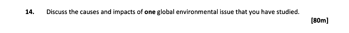 Discuss-the-causes-and-impacts-of-one-global-environmental-issue-that-you-have-studied.---Leaving Cert Geography-Question 14-2017.png