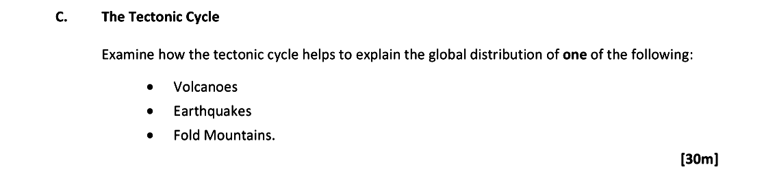 The-Tectonic-Cycle--Examine-how-the-tectonic-cycle-helps-to-explain-the-global-distribution-of-one-of-the-following:--•-Volcanoes-•-Earthquakes-•-Fold-Mountains.-Leaving Cert Geography-Question C-2017.png
