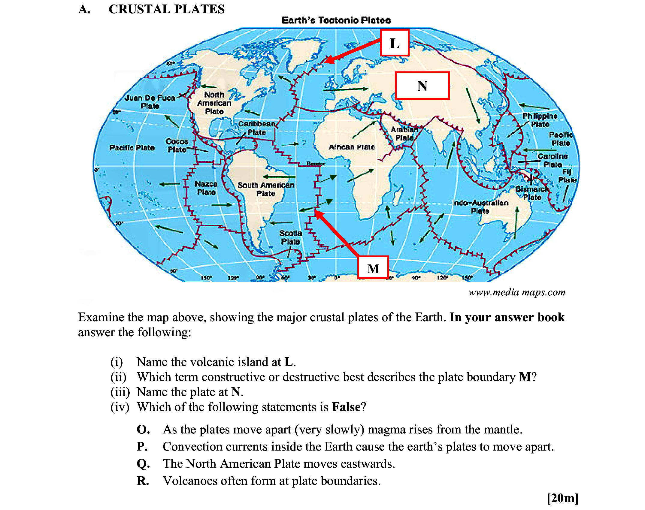 Examine-the-map-above,-showing-the-major-crustal-plates-of-the-Earth-Leaving Cert Geography-Question A-2009.png