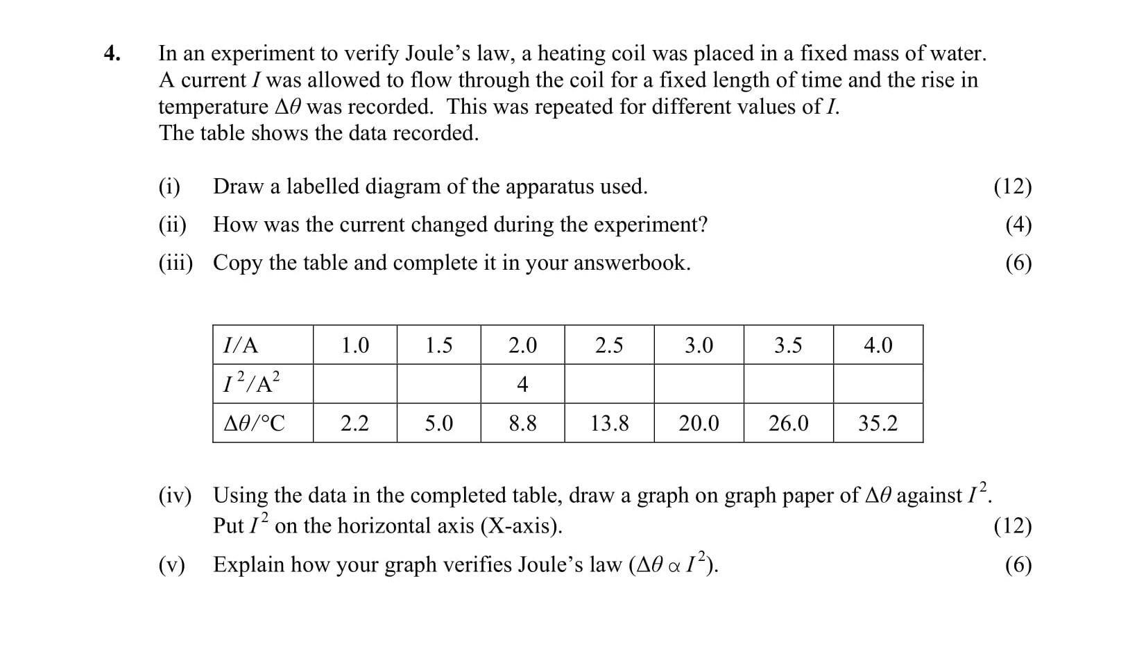 In-an-experiment-to-verify-Joule's-law,-a-heating-coil-was-placed-in-a-fixed-mass-of-water-Leaving Cert Physics-Question 4-2007.png