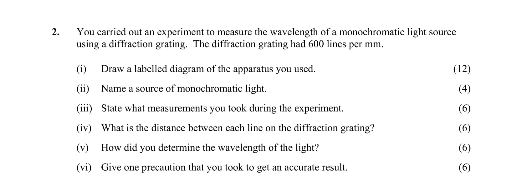 You-carried-out-an-experiment-to-measure-the-wavelength-of-a-monochromatic-light-source-using-a-diffraction-grating-Leaving Cert Physics-Question 2-2007.png