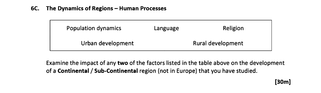 The-Dynamics-of-Regions-–-Human-Processes--Population-dynamics------Language------Religion--Urban-development-------Rural-development--Examine-the-impact-of-any-two-of-the-factors-listed-in-the-table-above-on-the-development-of-a-Continental-/-Sub-Continental-region-(not-in-Europe)-that-you-have-studied.-Leaving Cert Geography-Question 6C-2021.png